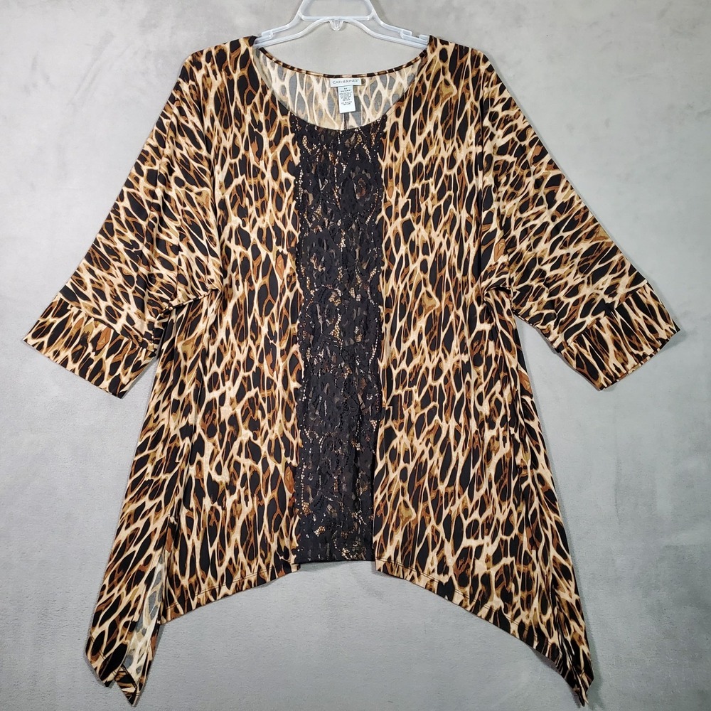 Catherines Top Women 3X Animal Leopard Print Lace‎ Asymmetrical Hem Mob Wife Art